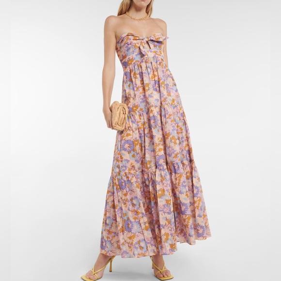 ZIMMERMANN Floral Print Cutout Strapless Tiered Midi Dress in Purple Floral - Picture 4 of 13